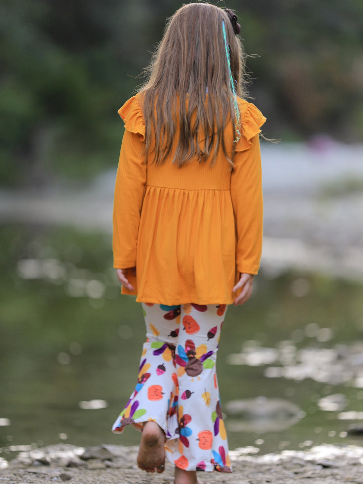 Fall Halloween & Thanksgiving Pumpkin Turkey Print Girls Long Sleeve Set