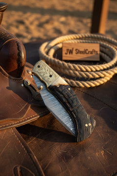 Stagline Damascus Folder 7" Handmade Horn Handle Damascus Bolster by JW SteelCrafts, product image 6
