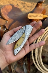 Boneridge Damascus Folder 7" Premium Bone Handle with Damascus Bolster by JW SteelCrafts