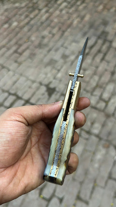 Stagline Damascus Folder 7" Handmade Horn Handle Damascus Bolster by JW SteelCrafts, product image 4