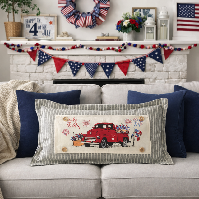 PANEL ONLY: RECTANGLE Summer; Father's Day Dad Fireworks Vintage Classic Old Red Truck; FIREWORK TRUCK