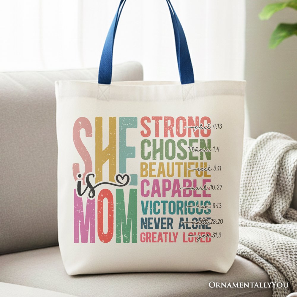 Inspirational Christian Mom Canvas Tote Bag, Affirmation Gift Shopper for Strong and Motivated Mothers