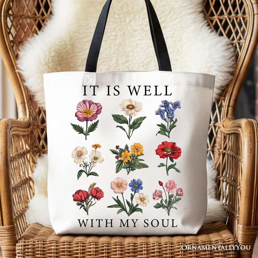 It Is Well With My Soul Christian Floral Canvas Tote Bag, Gift With Bible Verse Design