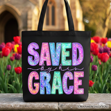 Saved By His Grace Printed Faux Sequin Christian Tote Bag, Religious Love Gift Shopper