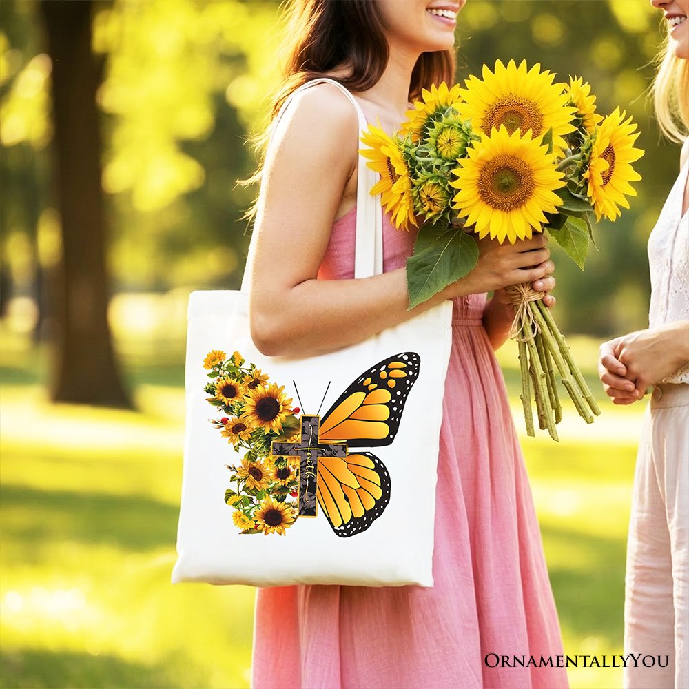 Faith Cross Butterfly Tote Bag, Christian Sunflower Floral Gift Shopper