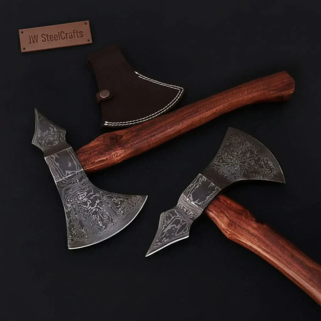 Double-Bit Damascus Axe Head with Rear Spike Variant