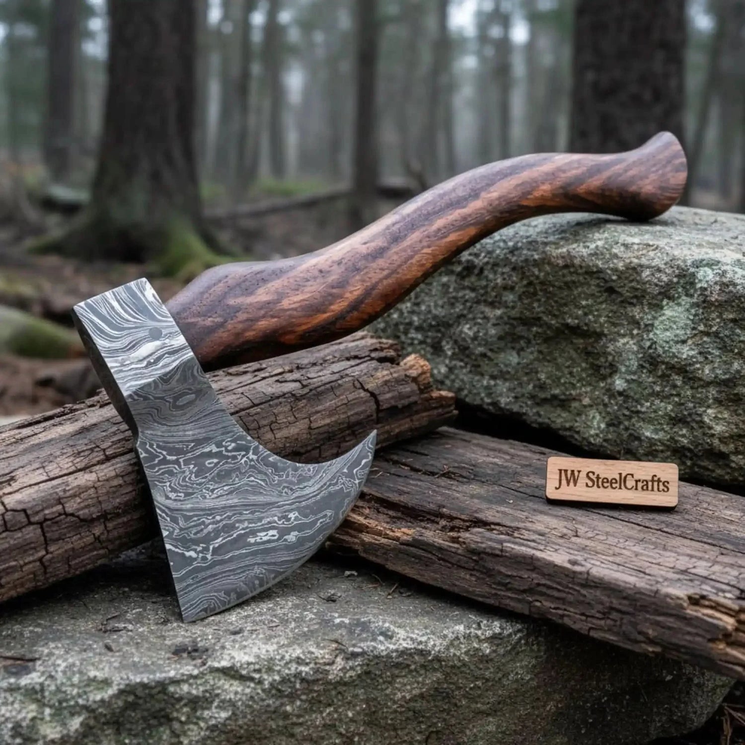 Damascus Bearded Chopping Axe with Curved Rosewood Handle