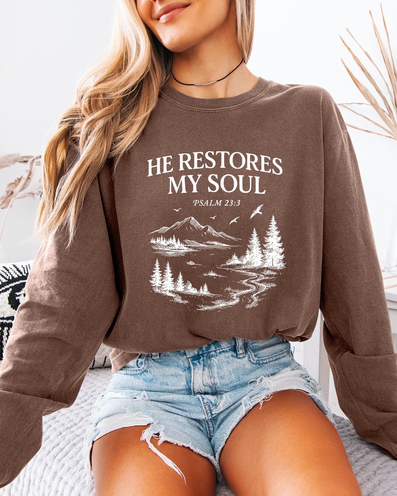 He Restores My Soul Psalm Christian Comfort Colors Long Sleeve Shirt