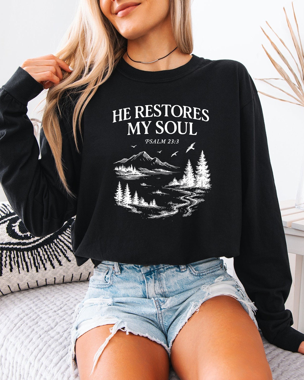 He Restores My Soul Psalm Christian Comfort Colors Long Sleeve Shirt