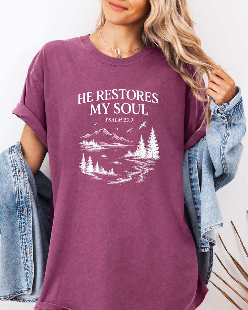 He restores my Soul Psalm Bible Christian Comfort Colors Garment Dyed T Shirt