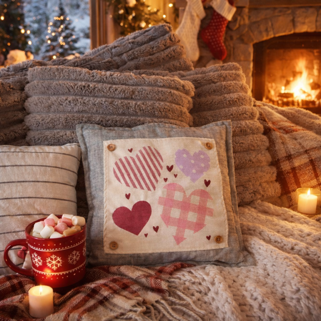 NEW! SQUARE BUNDLE SET: CHARCOAL PILLOW (comes with foam insert and these 3 panels in back pocket); Winter : LODGE, HEARTS, SPRING BOOT