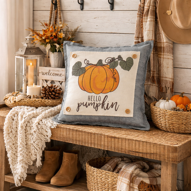 PANEL ONLY: SQUARE Fall Patch Autumn Thanksgiving Vine HELLO PUMPKIN
