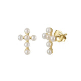 Beaded Pearl Cross Stud Earrings