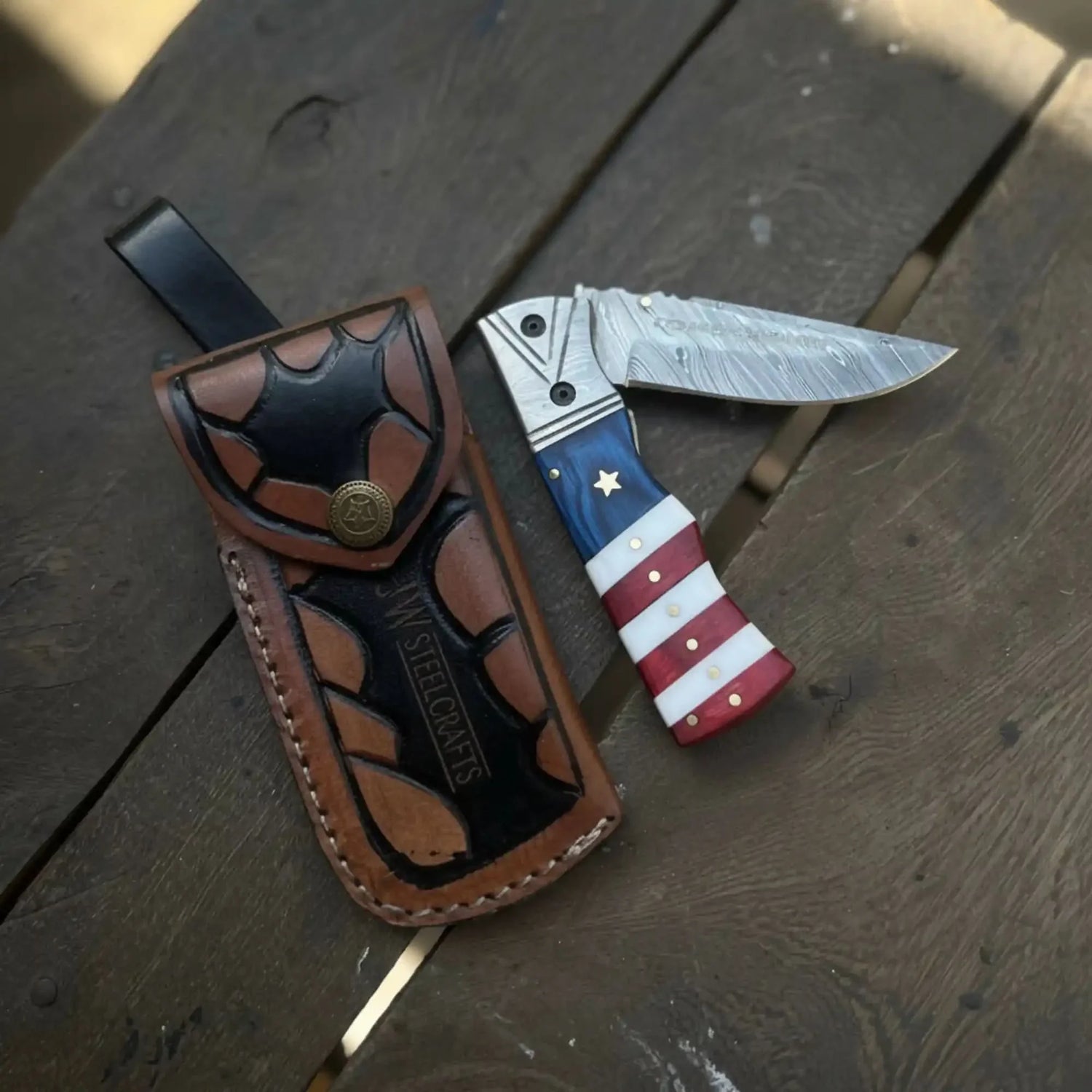 American Flag Damascus Folding Knife with Resin Handle