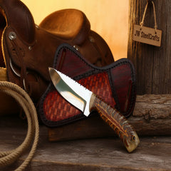 Ridgeline Stag Skinner Knife 8" Handmade Damascus Steel with Brass Bolster by JW SteelCrafts