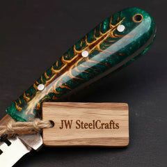 Emerald Ridge Skinner Knife 7" Handmade Green Resin Damascus Blade by JW SteelCrafts, product image 3