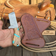 Rancher's Bull Knife 6" Handmade Damascus Turquoise Accent Handle by JW SteelCrafts