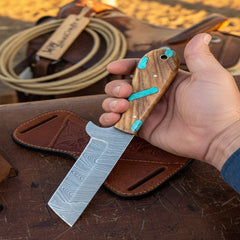 Rancher's Bull Knife 6" Handmade Damascus Turquoise Accent Handle by JW SteelCrafts, product image 2