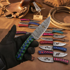 Trailrider Cowboy Blade 7" Handmade Damascus Multicolor Resin Handle by JW SteelCrafts, product image 3