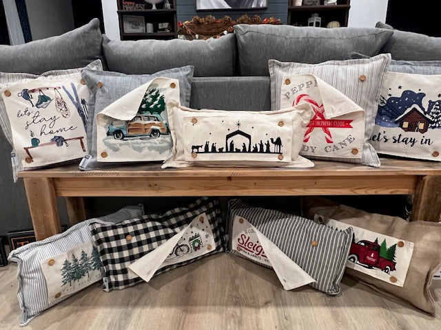 NEW! BUNDLE SET: Buffalo Check Gingham Pillow (comes w/ foam insert & these 3 panels in back pocket)  SMELL MY FEET, PUMPKIN PIE, CHRISTMAS TRUCK
