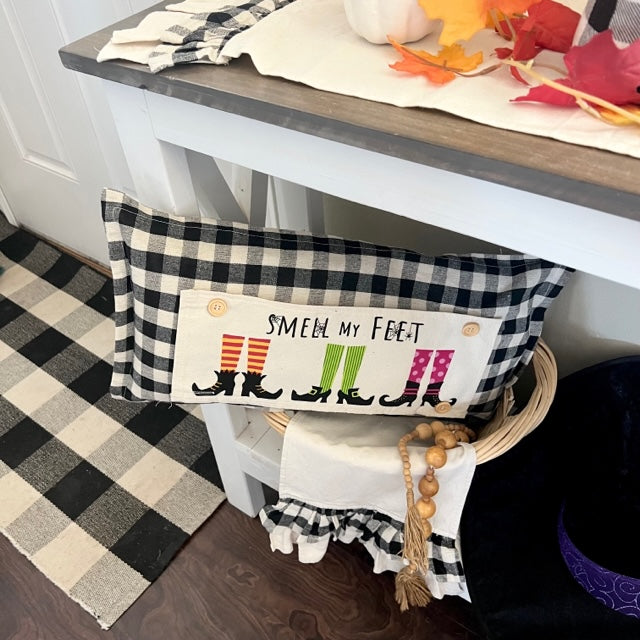 NEW! BUNDLE SET: Buffalo Check Gingham Pillow (comes w/ foam insert & these 3 panels in back pocket)  SMELL MY FEET, PUMPKIN PIE, CHRISTMAS TRUCK