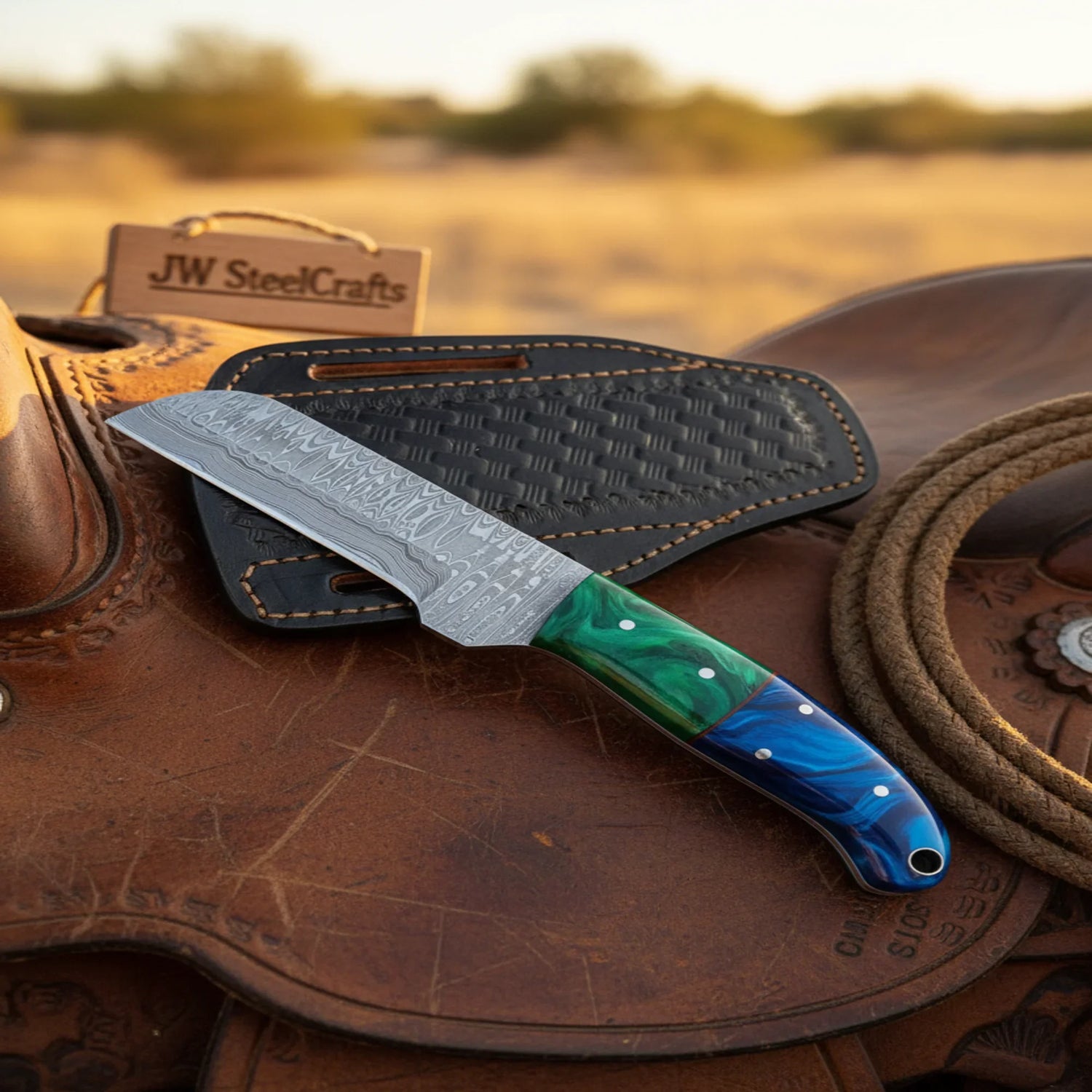 Damascus Straight Edge Cowboy Cleaver Knife 8