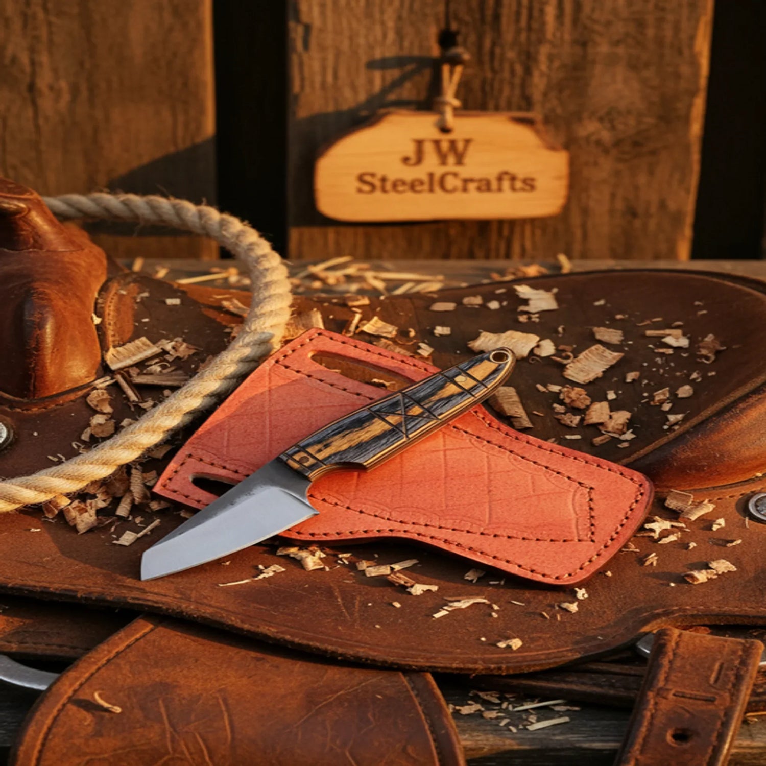 Trail Cleaver Skinner Knife Pakka Wood Handle Full Tang Western Pancake Leather Sheath 7