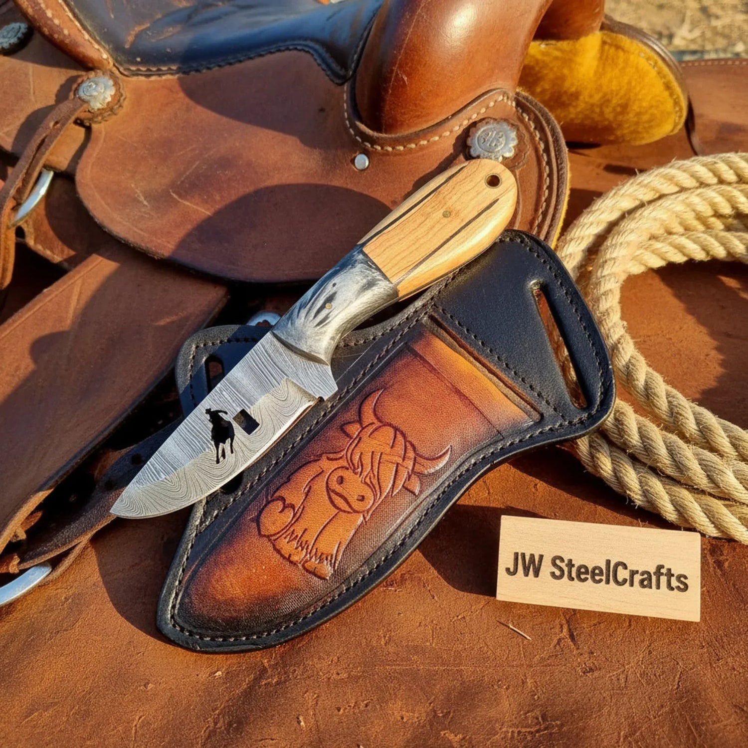 Barrel Racing Cowboy Knife Engraved Blade Olive Wood Handle Engraved Sheath 6