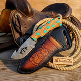 Faith Ridge Hook Skinner Knife 7" Damascus Blade with Cross Engraving, Stag Horn Handle