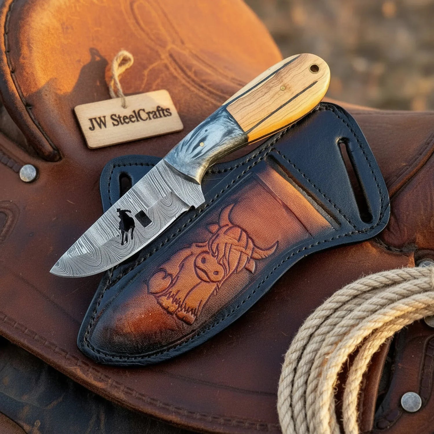 Handmade Damascus Knife, Cowboy Engraved Blade, Pakka Olive Wood Handle, 7