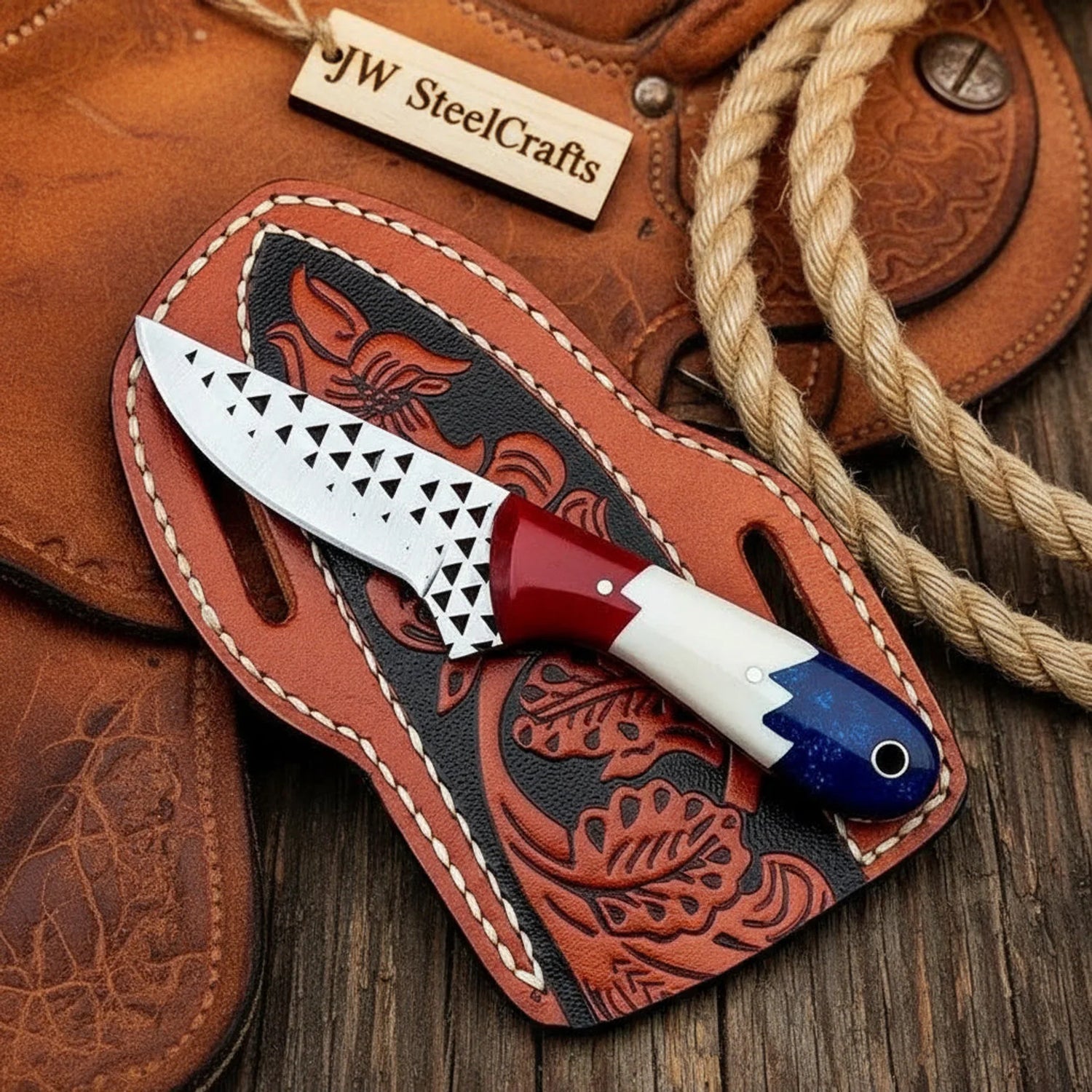 Old Glory Cowboy Skinner Knife Patriotic Resin Handle Full Tang Western Engraved Sheath 7