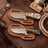 2 Piece Damascus Tracker Knife Set with Ram Horn and Pinecone Resin Handles