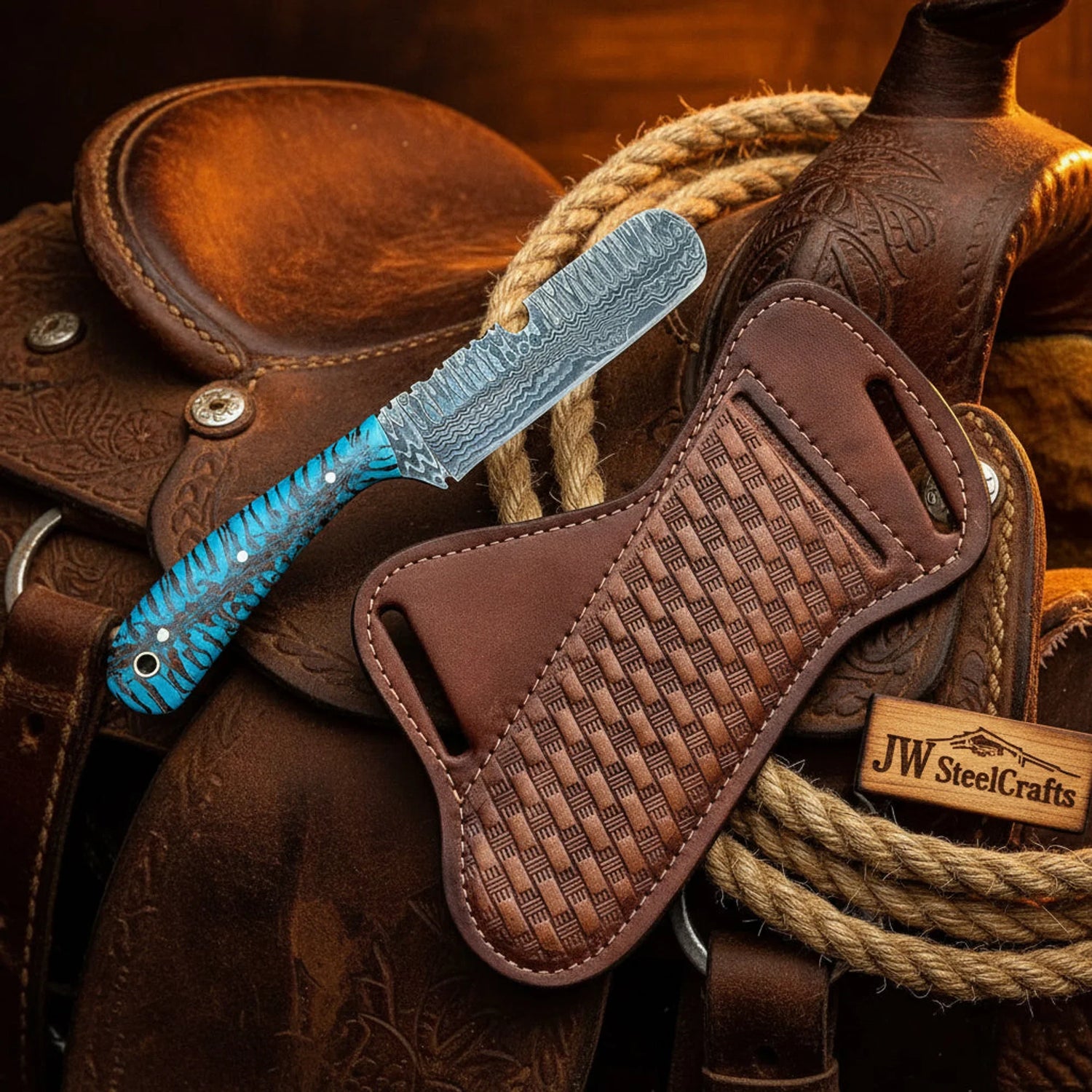 Ranch Bull Cutter Knife Blue Pinecone Handle Full Tang Western Cross Draw Sheath 7