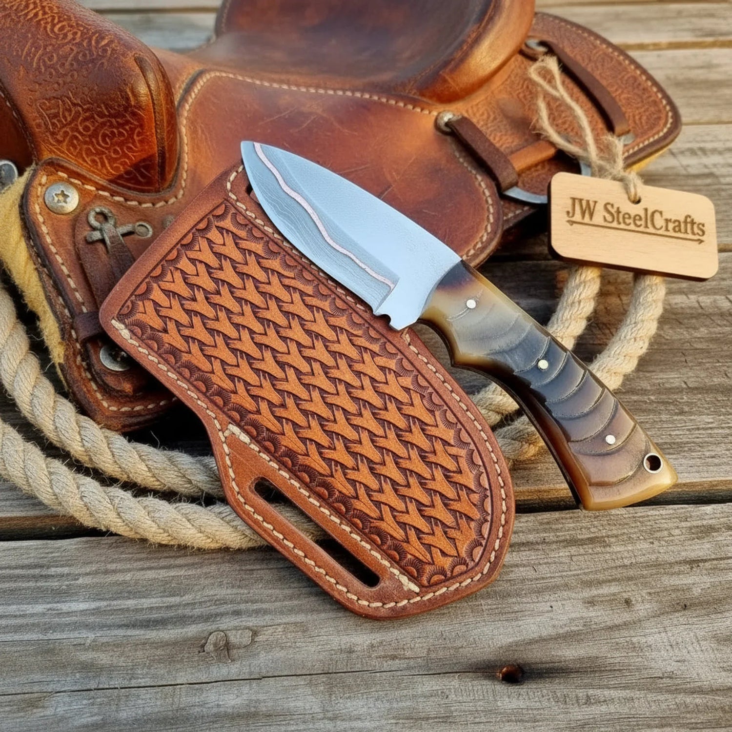 Copper Damascus Knife with Ram Horn Handle, 7