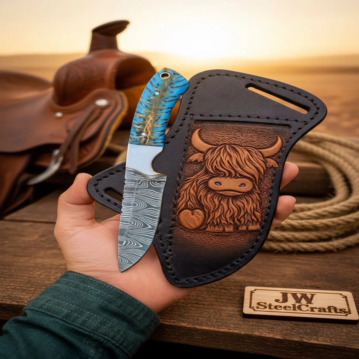 Damascus Cowboy Skinner Knife Blue Pinecone Handle Steel Bolster Full Tang Buffalo Sheath 8