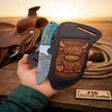 Damascus Cowboy Skinner Knife Blue Pinecone Handle Steel Bolster Full Tang Buffalo Sheath 8"