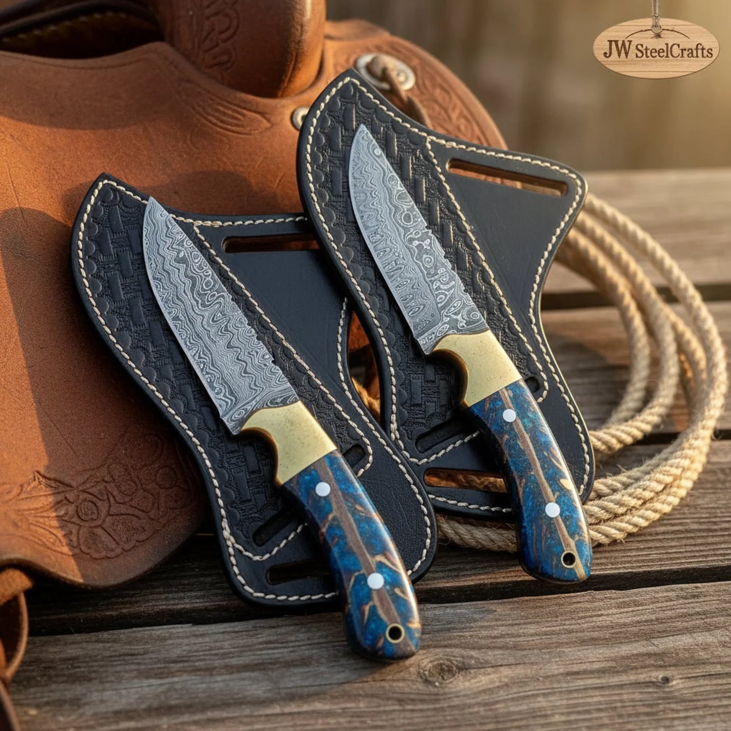 Handmade Damascus Steel Knife Set, Blue Pinecone Handle, Brass Bolster, 8