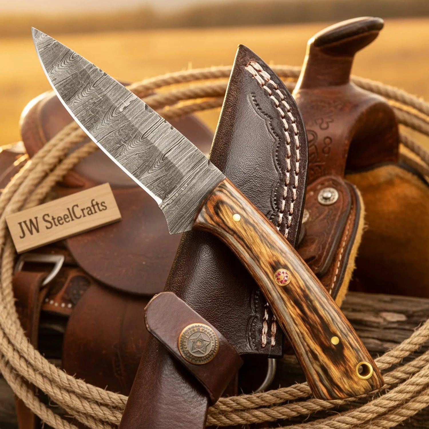 Vortex Zebrawood Hunter knife Pakka Wood Handle Full Tang Skinner Leather Sheath 8