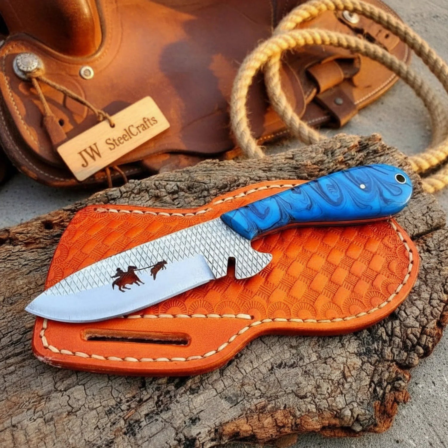 Horseback Trail Skinner Knife Blue Damascus Blade with Stag Horn Handle 9