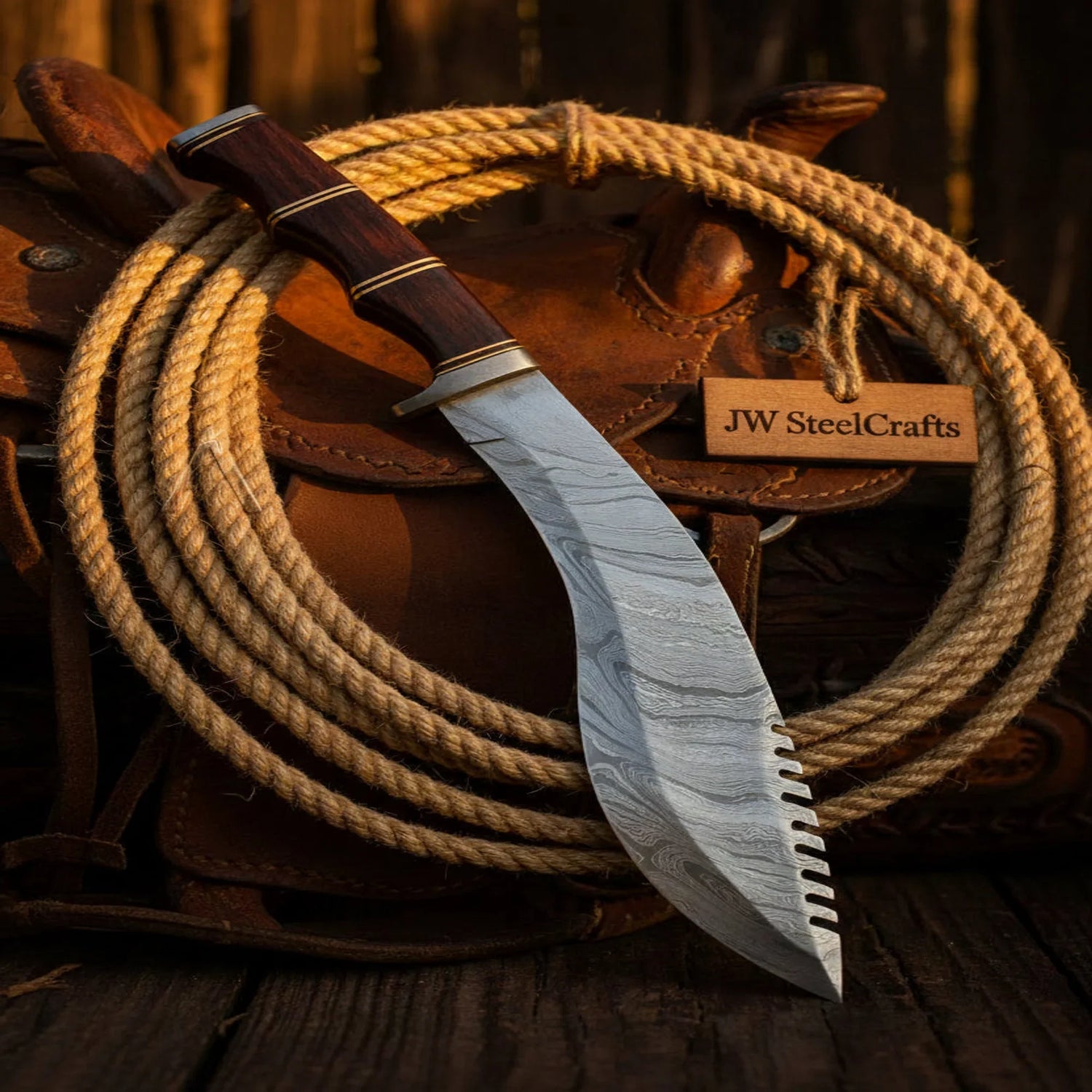 Damascus Kukri Knife with Rosewood Handle, 10