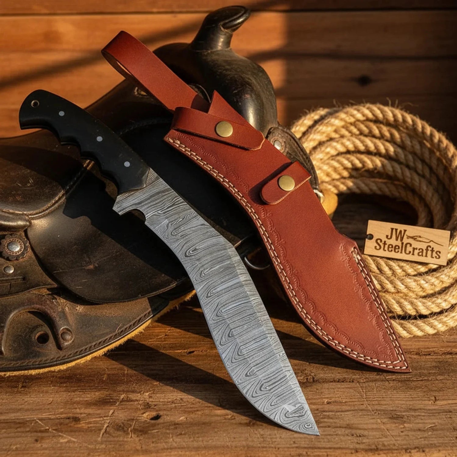 Moorhaus Damascus Kukri Black Resin Handle Full Tang Chopper Leather Sheath 15