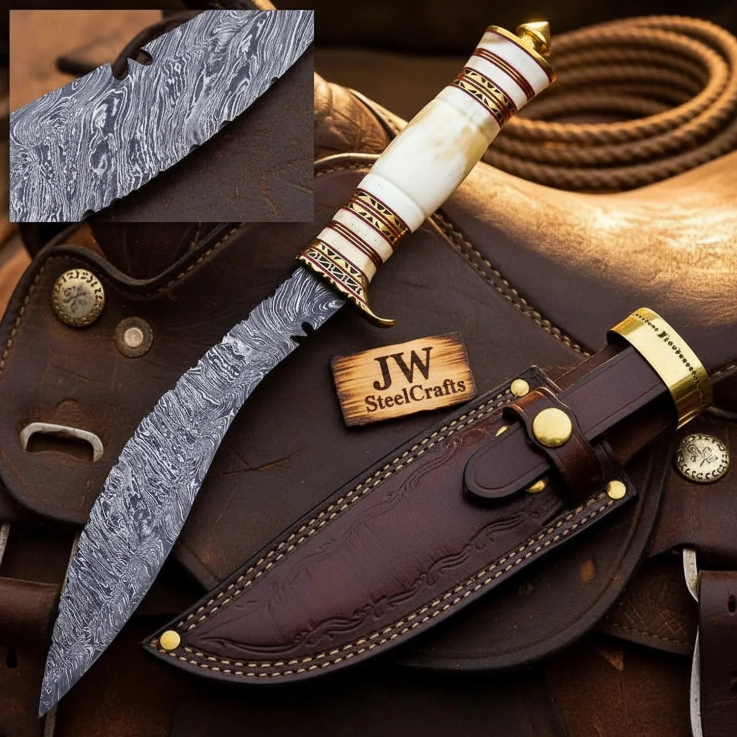 Handmade Damascus Steel Bowie Knife, Camel Bone Handle, Brass Pommel, 15