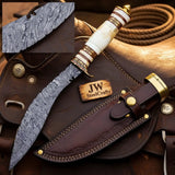 Handmade Damascus Steel Bowie Knife, Camel Bone Handle, Brass Pommel, 15" Full Tang