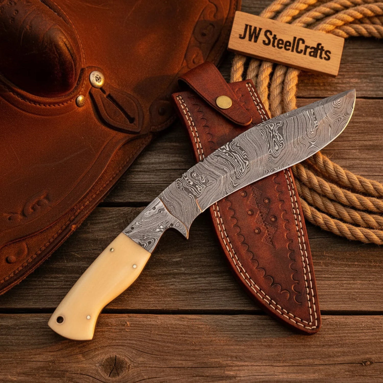 Handmade Damascus Steel Cleaver Knife, Camel Bone Handle, 9