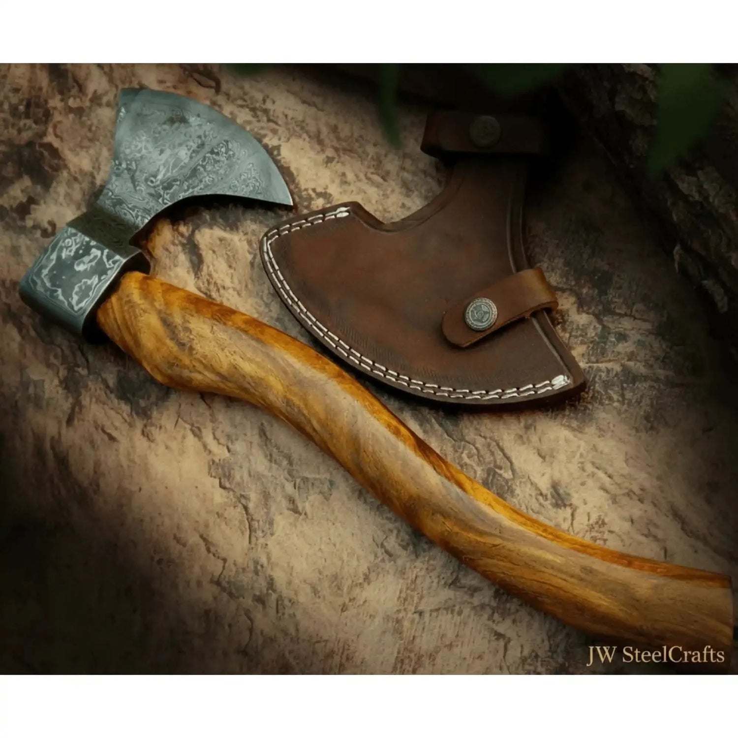 Nordic Damascus Camp Hatchet with Ergonomic Curved Hardwood Handle