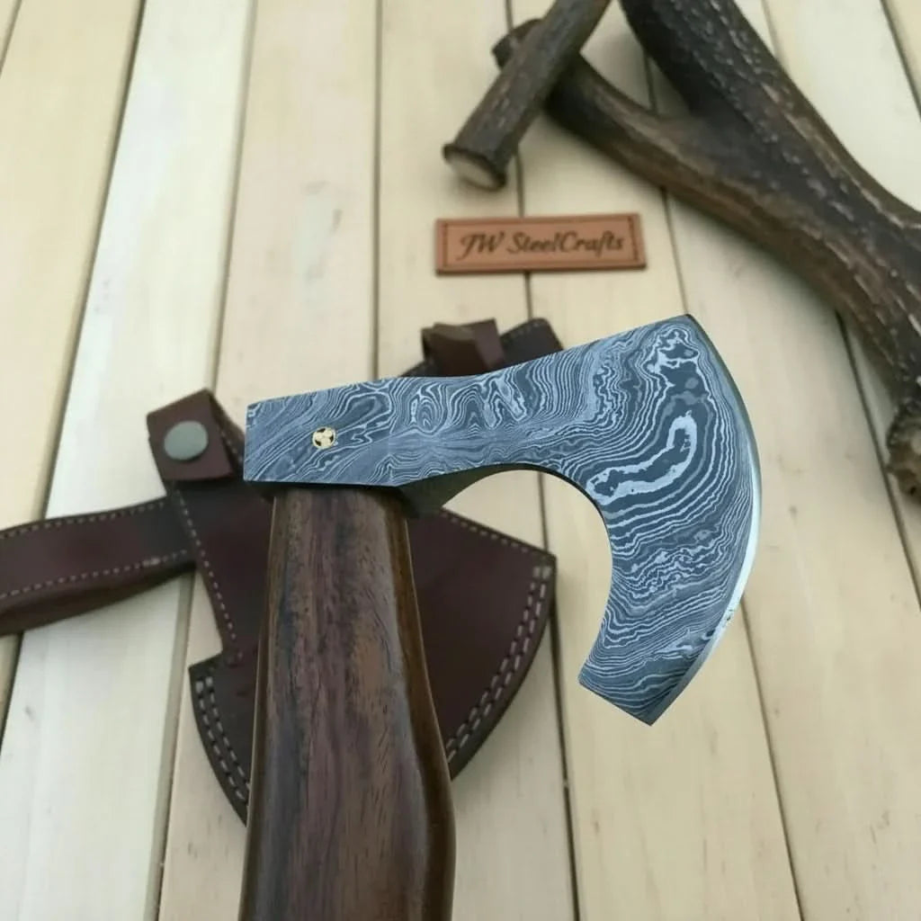 Vornska Damascus Bushcraft Hatchet with Hooked Bearded Head