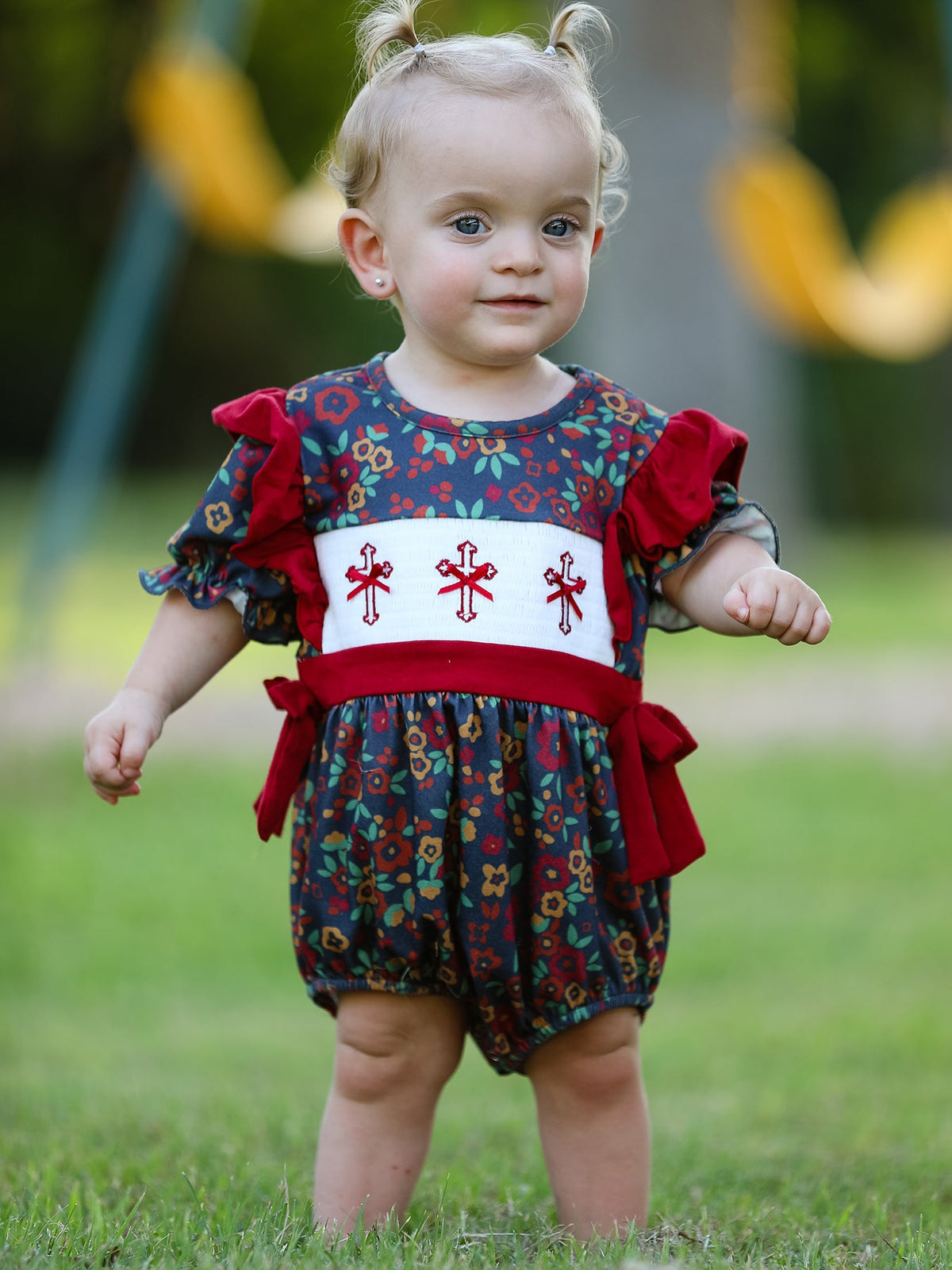 Vintage Floral Smocked Church Christ Bishop Christening Baby Girl Romper