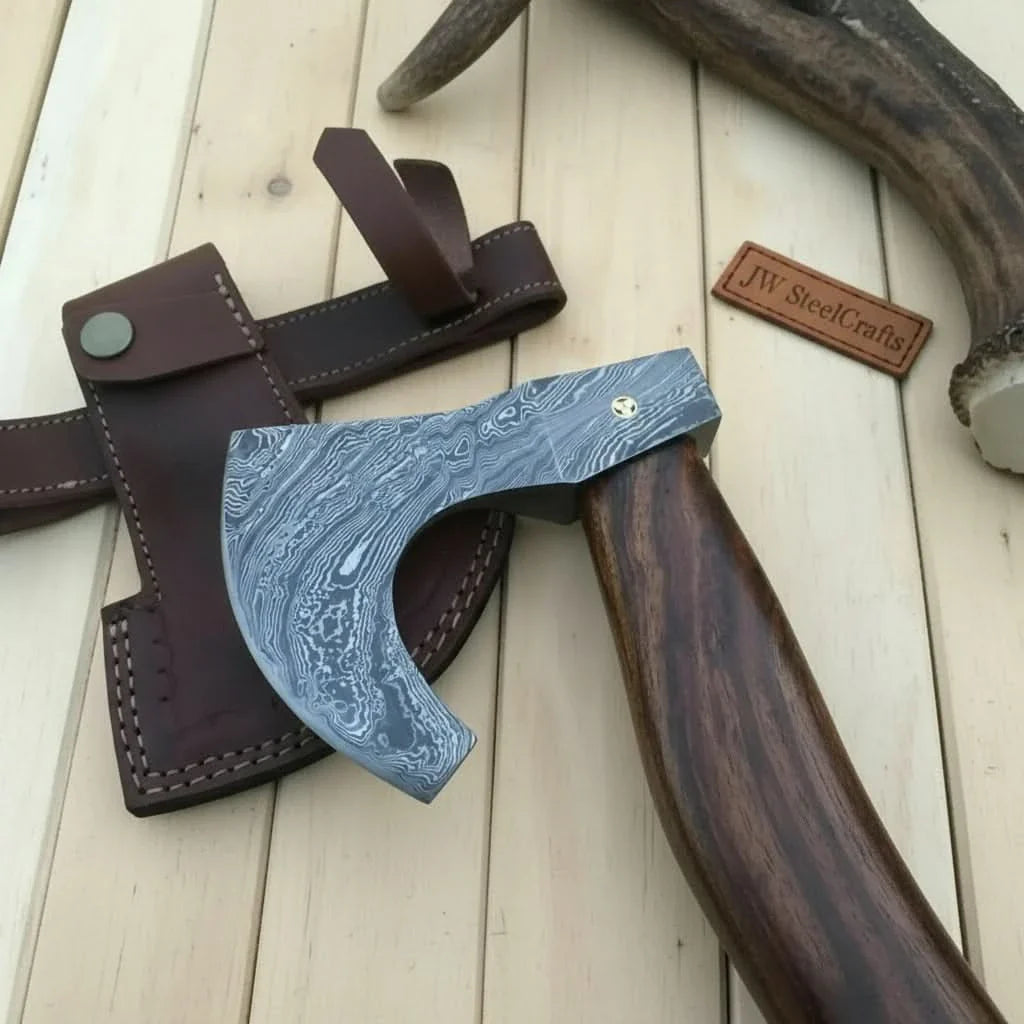 Vornska Damascus Bushcraft Hatchet with Hooked Bearded Head
