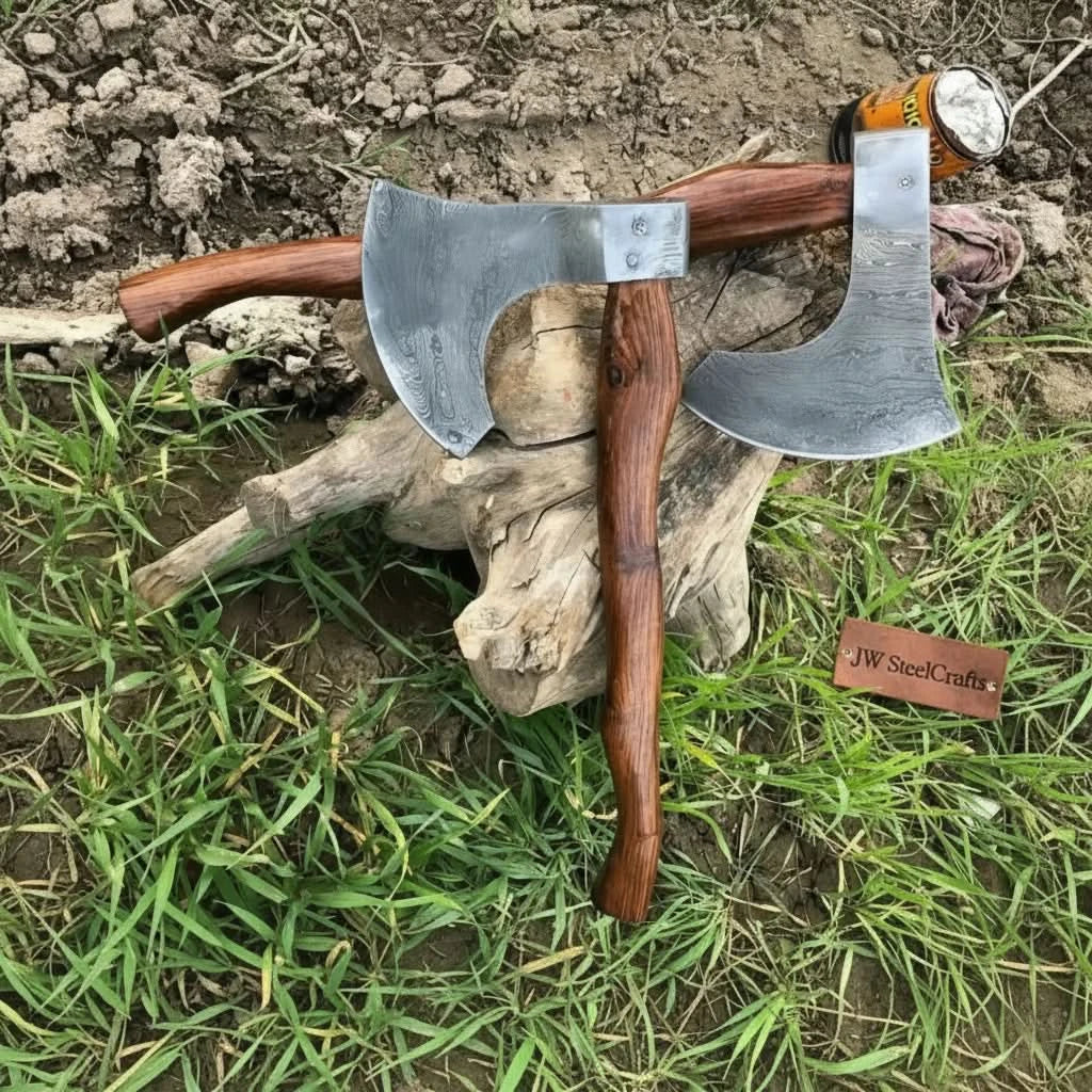 Matching Pair of Hand-Forged Damascus Bearded Axes with Curved Rosewood Handles
