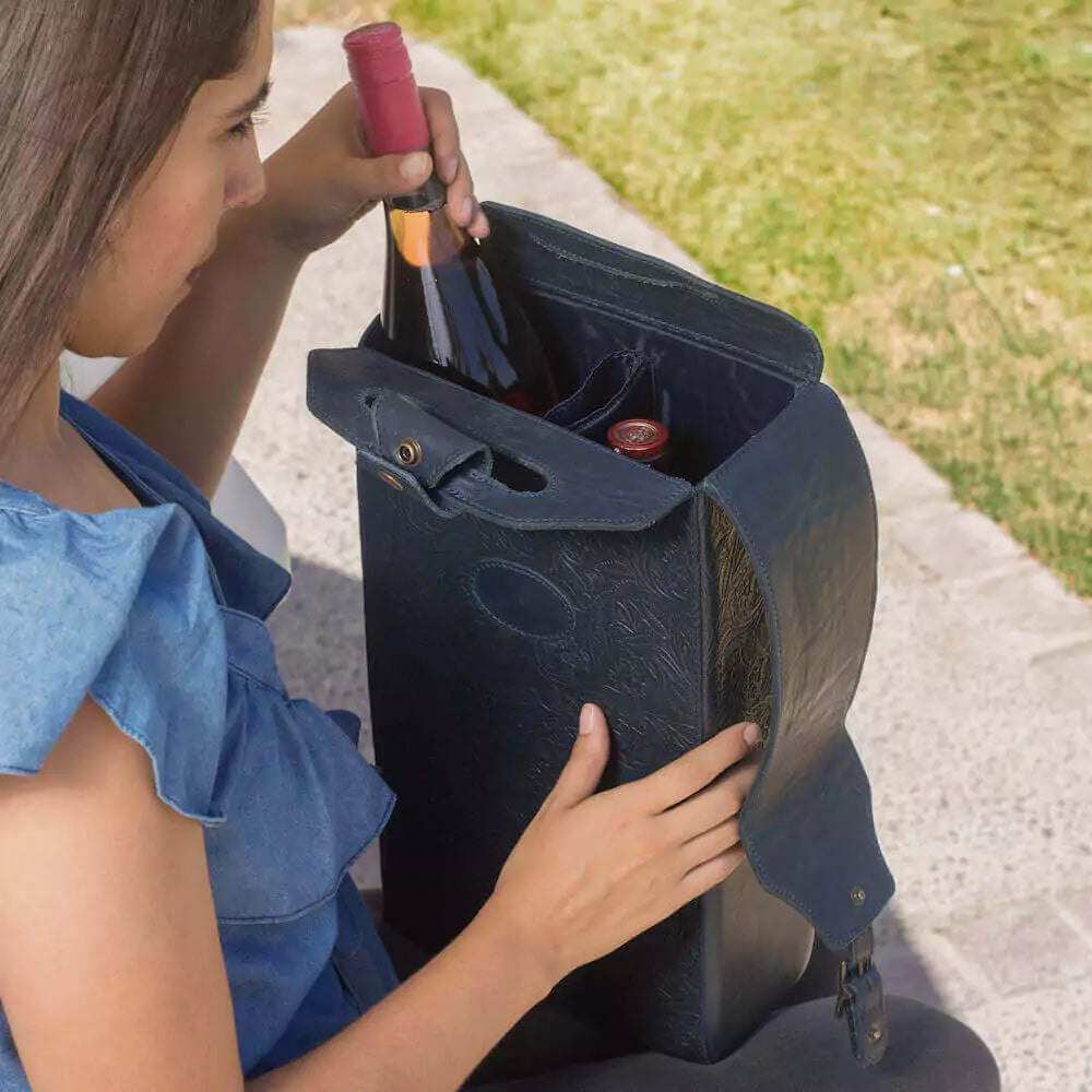 Tooled Leather Two Bottle Wine Carrier